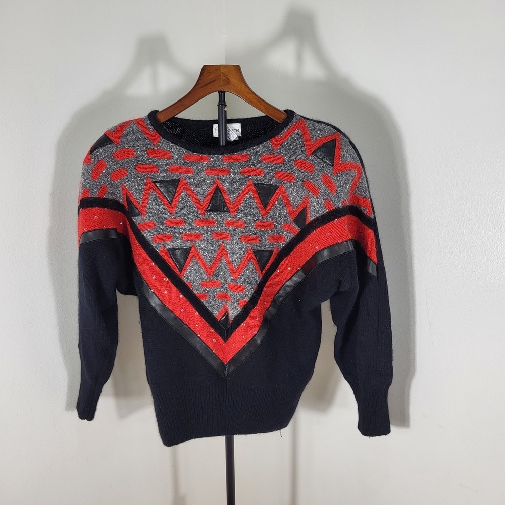 Cedars Vintage Silk Angora Wool Geometric Sequin Faux Leather Sweater Size S